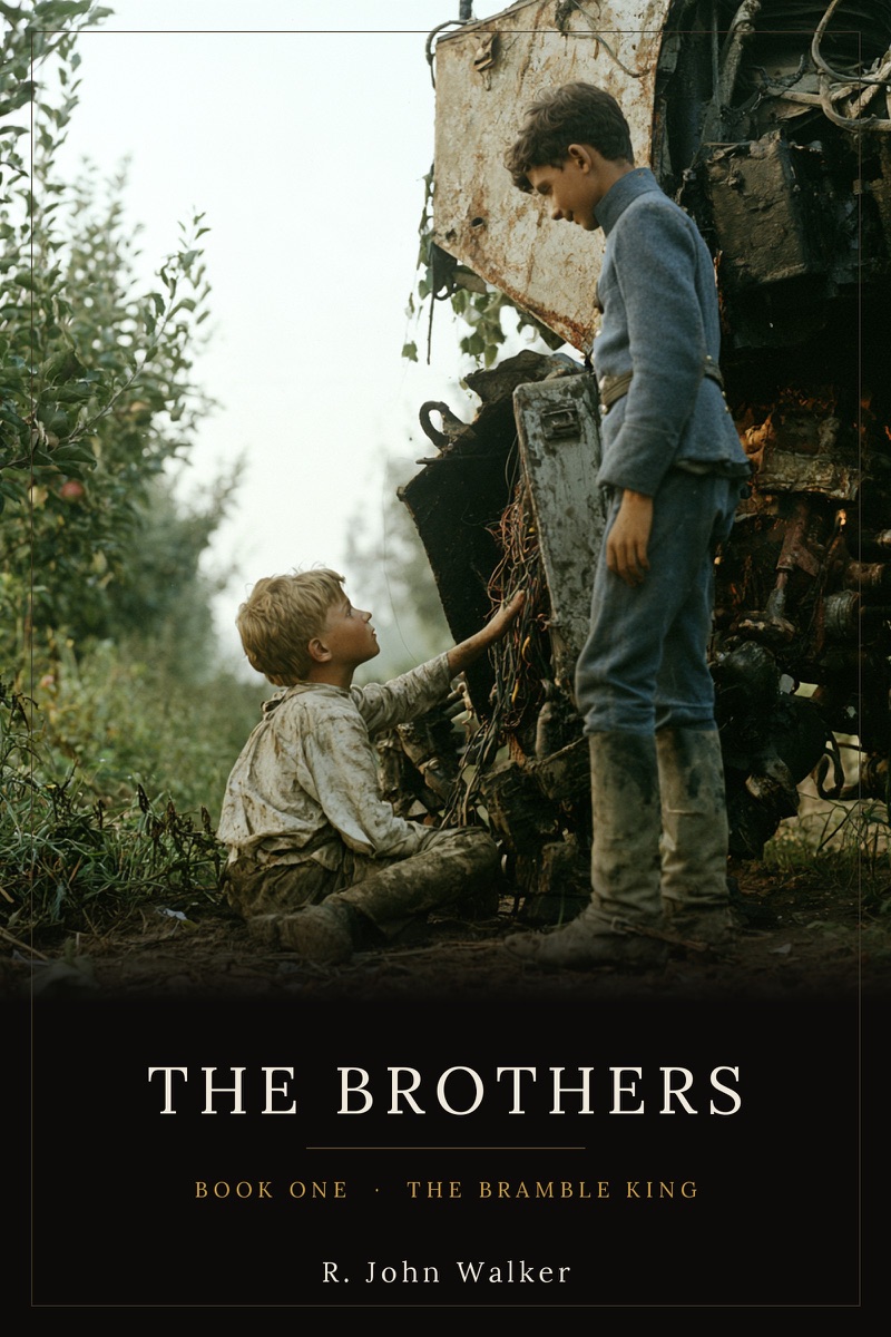 Cover of The Bramble King: a small boy sitting in the dirt looks up at his older brother beside a wrecked machine in an orchard.